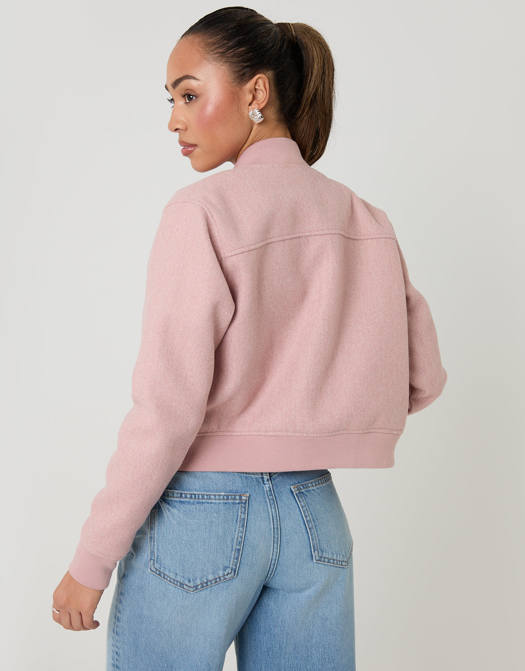 Pink Faux Wool Bomber Jacket