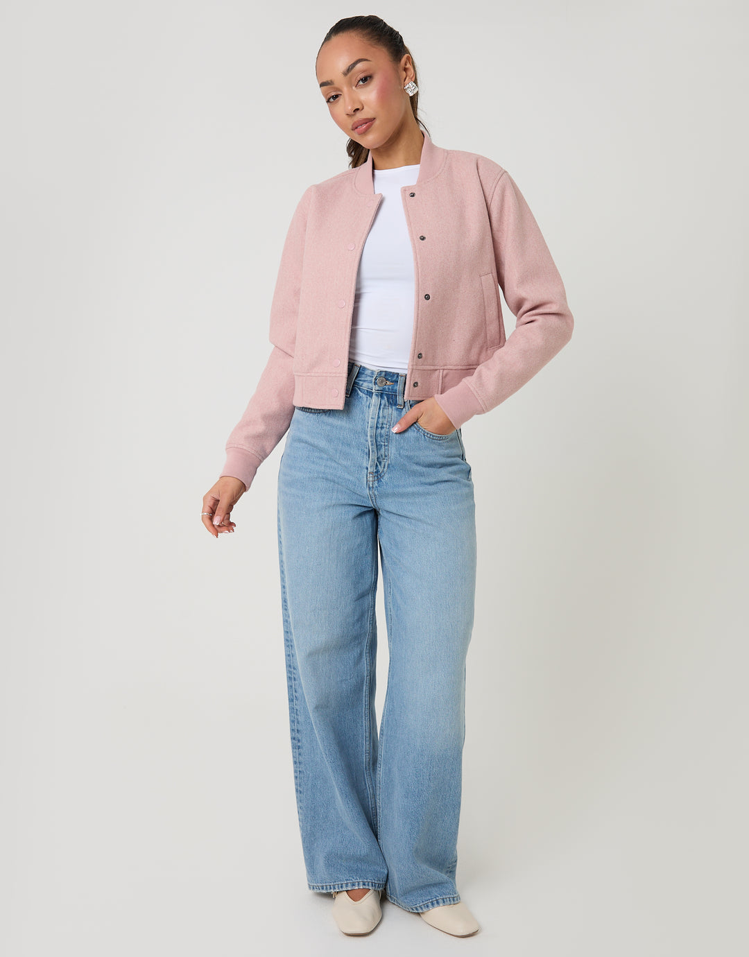 Pink Faux Wool Bomber Jacket