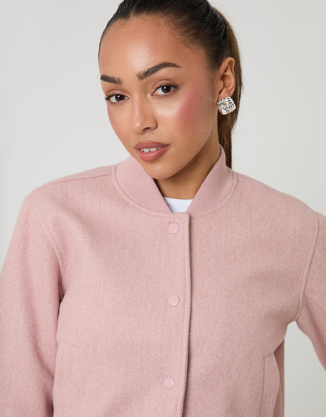 Pink Faux Wool Bomber Jacket