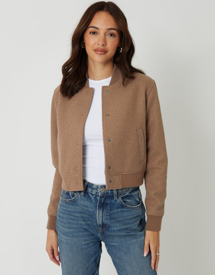 Mocha Brown Faux Wool Bomber Jacket