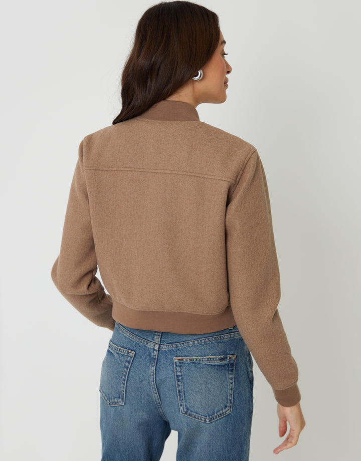 Mocha Brown Faux Wool Bomber Jacket