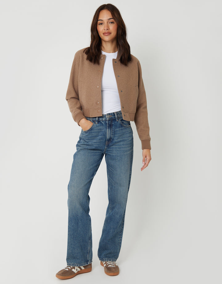 Mocha Brown Faux Wool Bomber Jacket