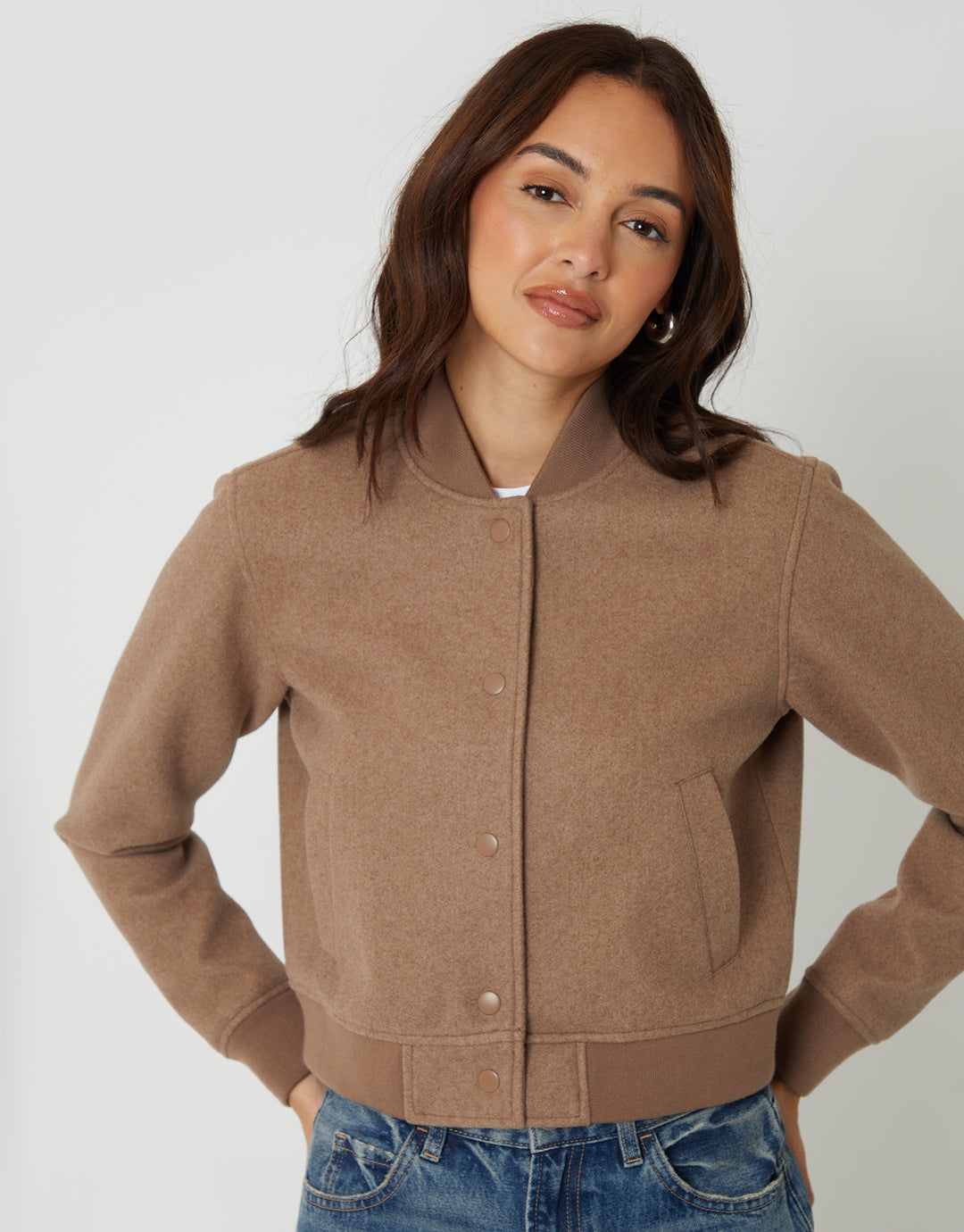 Mocha Brown Faux Wool Bomber Jacket