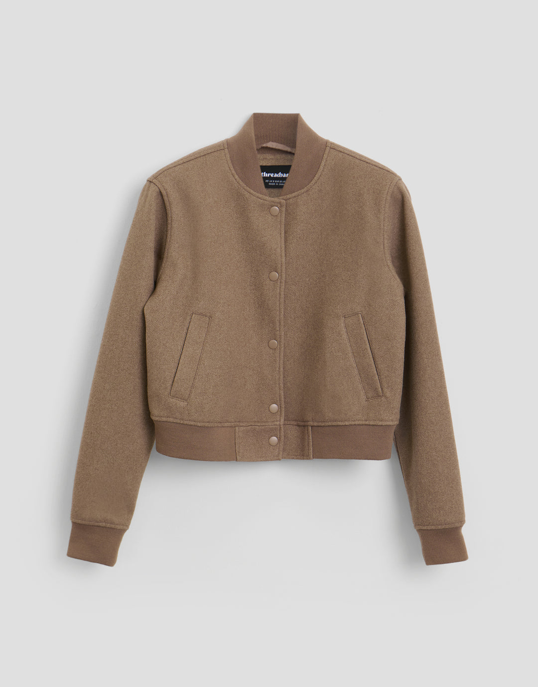 Threadbare Petite Faux Wool Bomber Jacket in Mocha Brown - flat lay