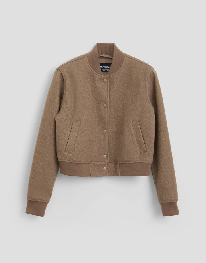 Threadbare Petite Faux Wool Bomber Jacket in Mocha Brown - flat lay