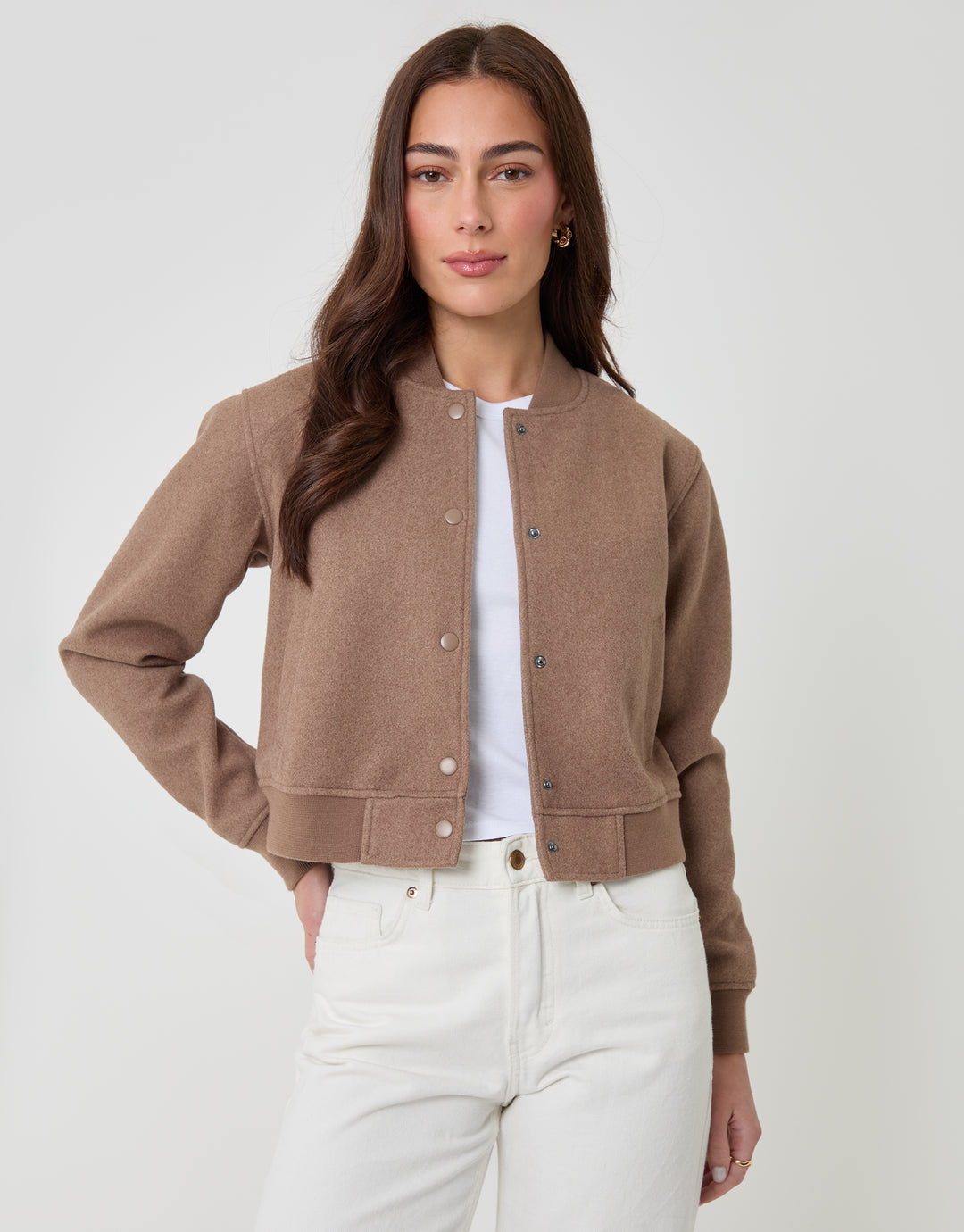 Threadbare Petite Faux Wool Bomber Jacket in Mocha Brown - front view