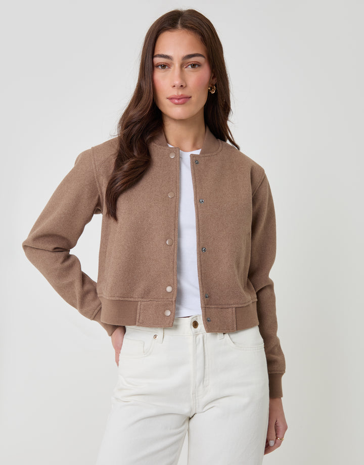 Threadbare Petite Faux Wool Bomber Jacket in Mocha Brown - front view