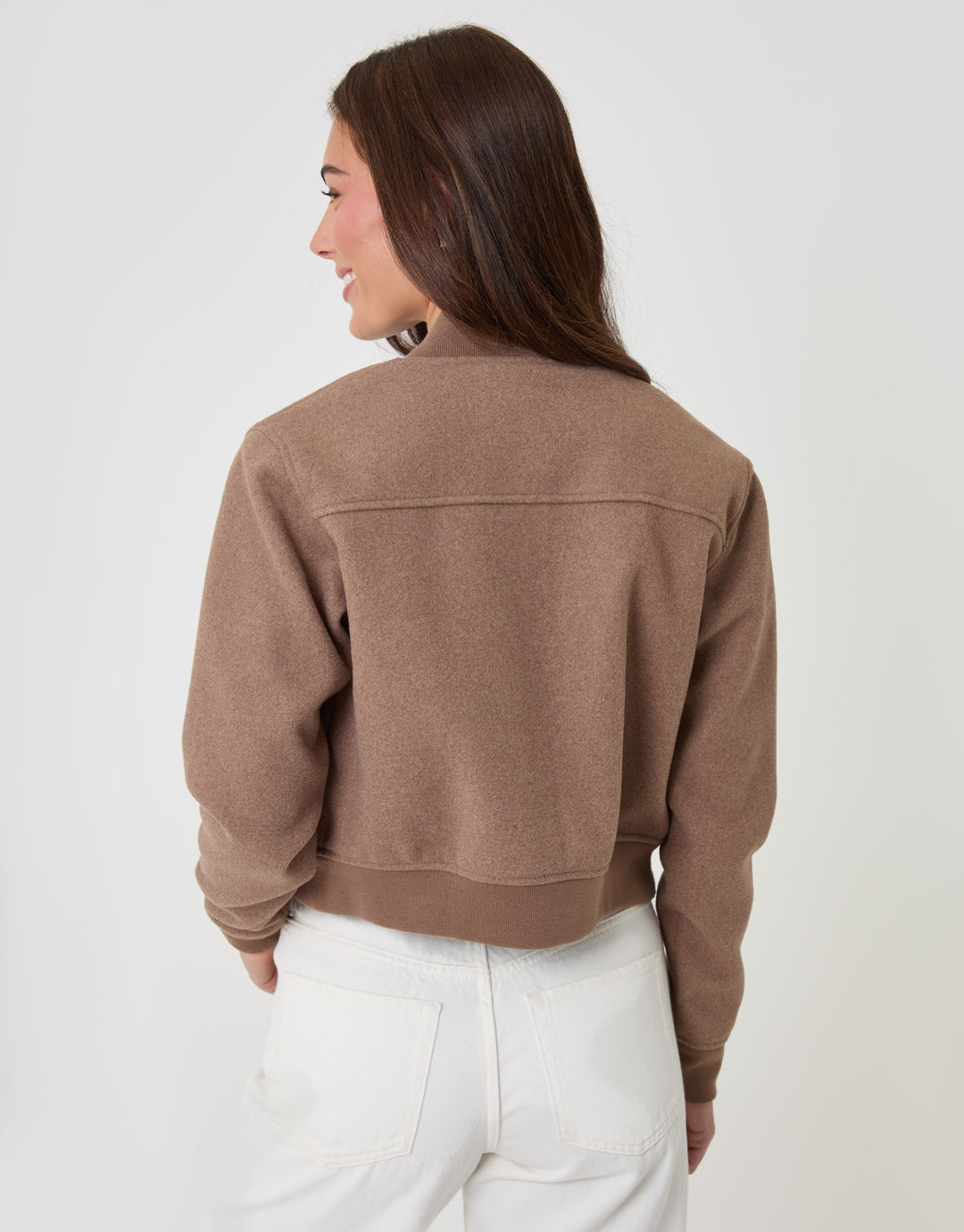 Threadbare Petite Faux Wool Bomber Jacket in Mocha Brown - back view