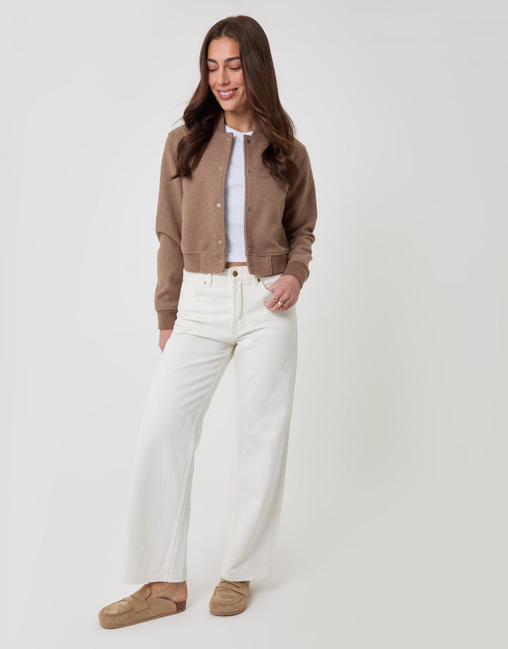 Threadbare Petite Faux Wool Bomber Jacket in Mocha Brown - full body