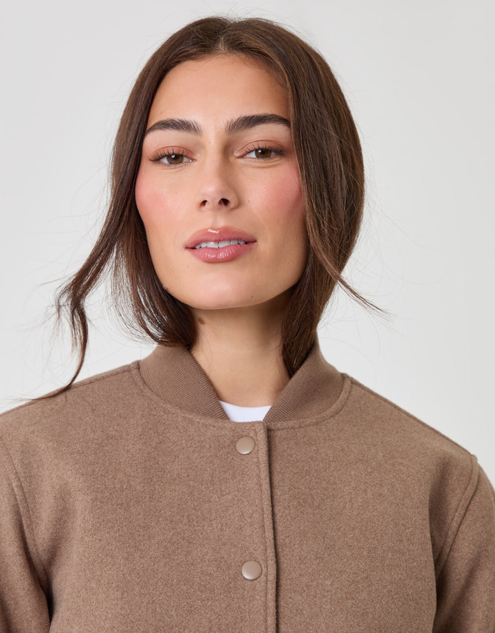 Threadbare Petite Faux Wool Bomber Jacket in Mocha Brown - close up