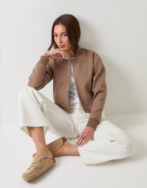 Threadbare Faux Wool Bomber Jacket in Mocha Brown - sat down
