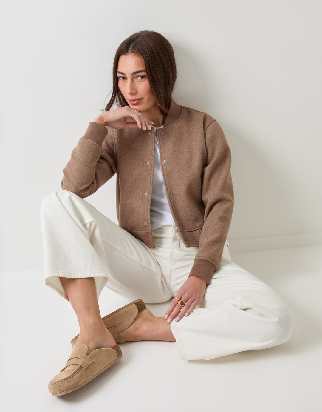 Threadbare Petite Faux Wool Bomber Jacket in Mocha Brown - sat down