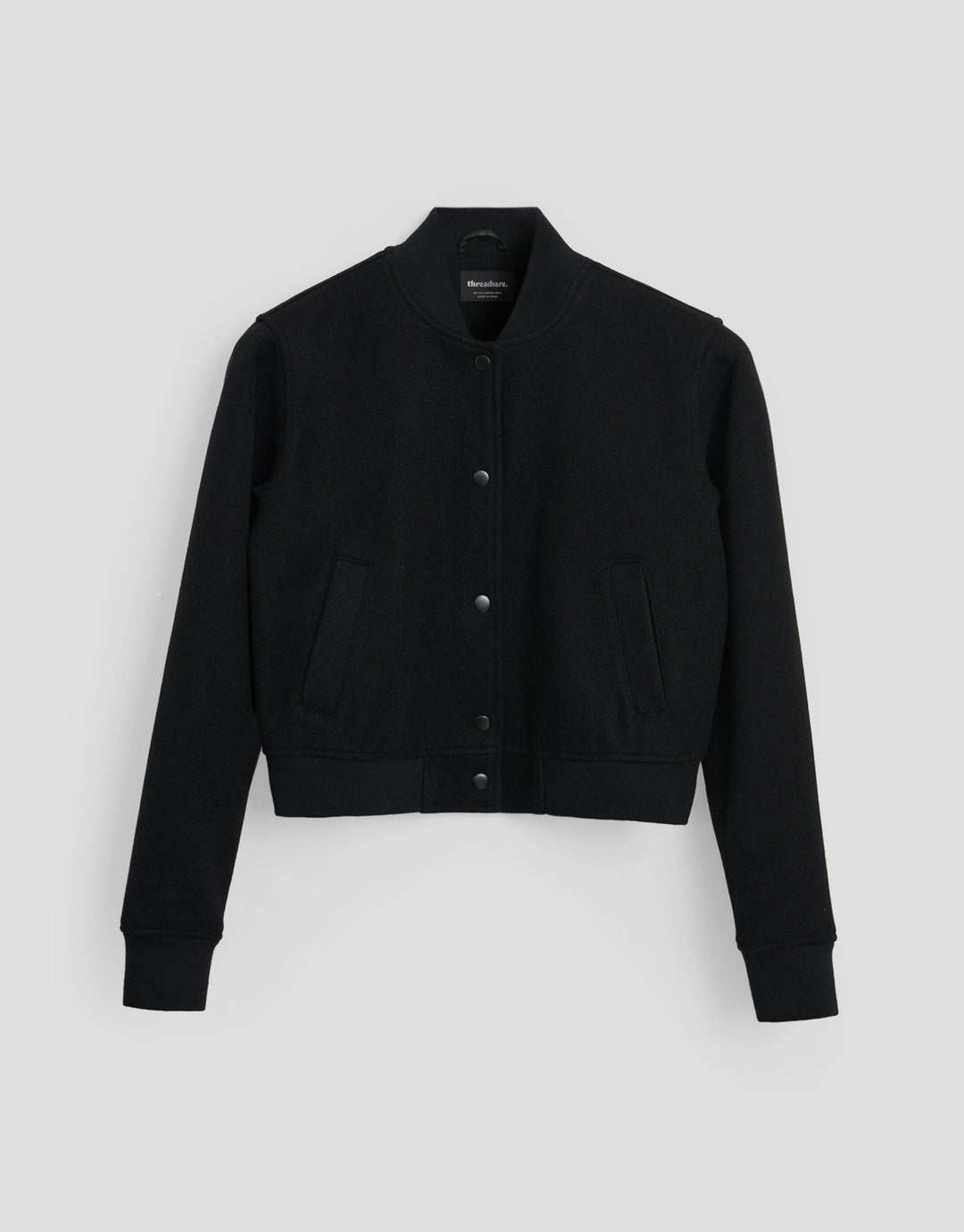 Threadbare Faux Wool Bomber Jacket in Black - flat lay