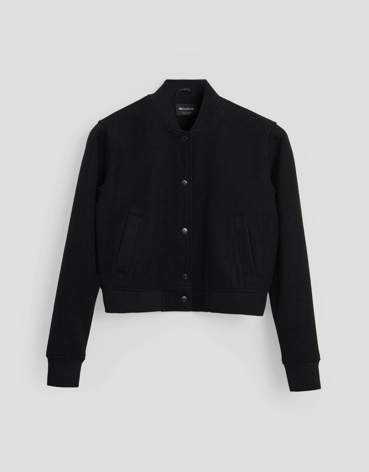 Threadbare Faux Wool Bomber Jacket in Black - flat lay