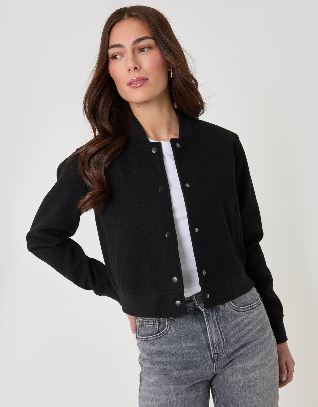 Threadbare Faux Wool Bomber Jacket in Black - front view
