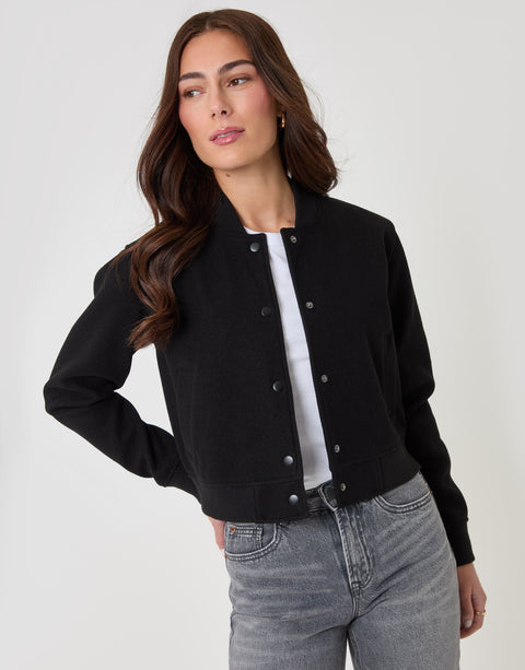 Threadbare Faux Wool Bomber Jacket in Black - front view