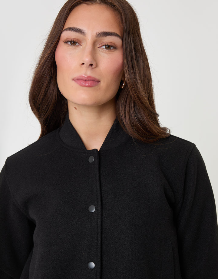 Threadbare Faux Wool Bomber Jacket in Black - close up