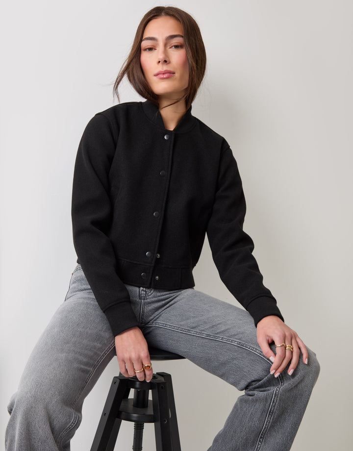 Threadbare Faux Wool Bomber Jacket in Black - sat down