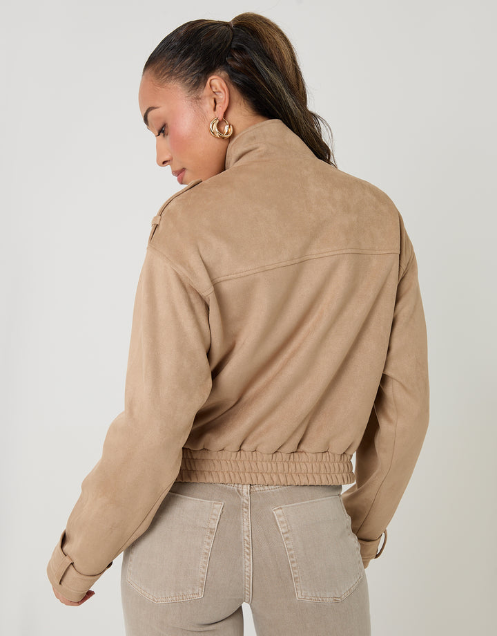 Beige Faux Suede Funnel Neck Bomber Jacket