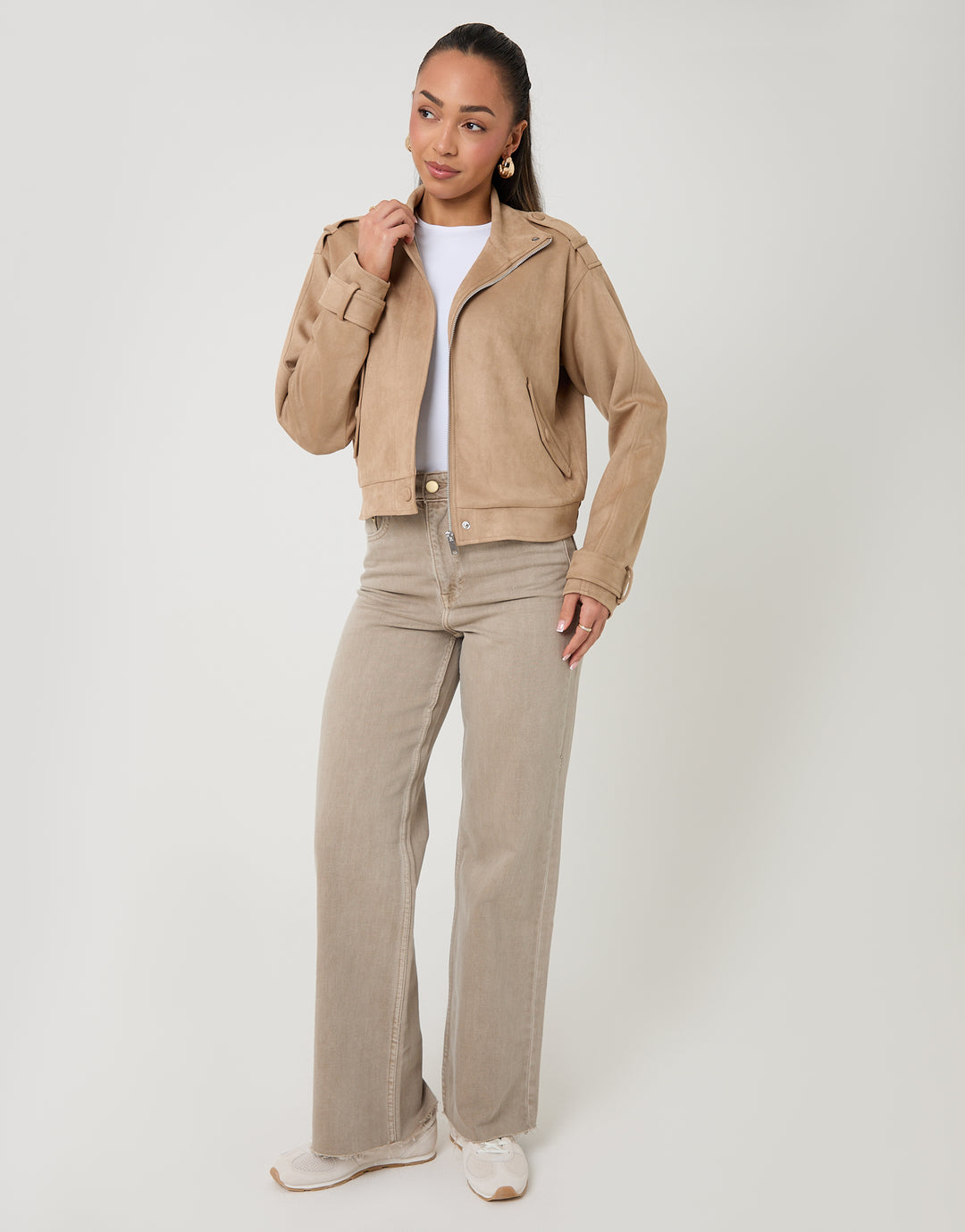 Beige Faux Suede Funnel Neck Bomber Jacket