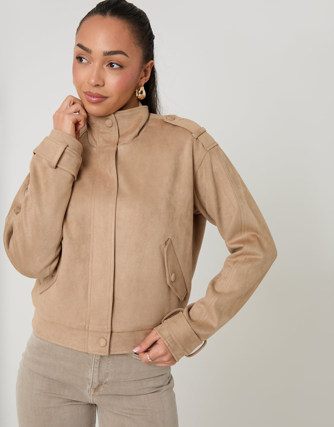 Beige Faux Suede Funnel Neck Bomber Jacket