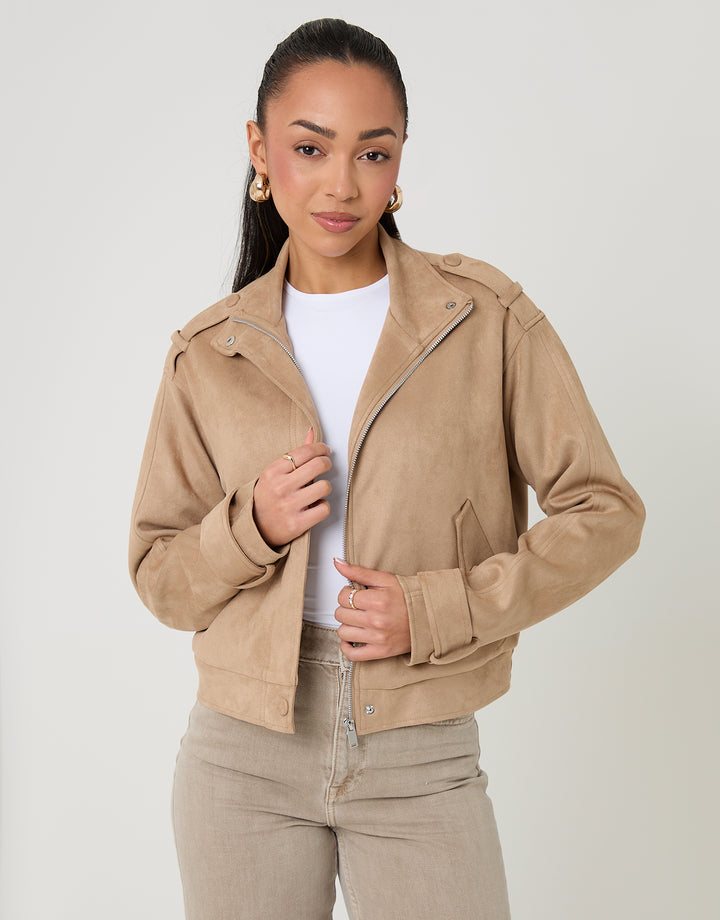 Beige Faux Suede Funnel Neck Bomber Jacket