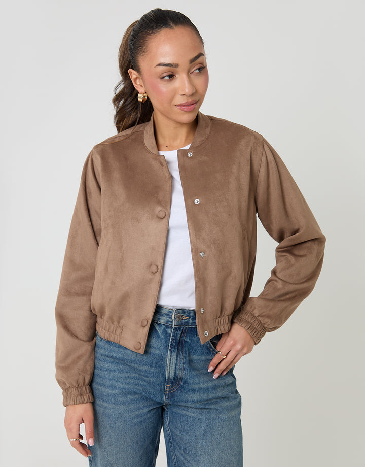 Taupe Faux Suede Bomber Jacket