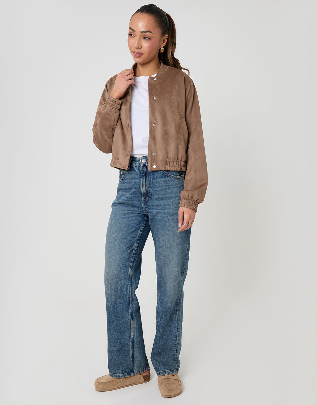 Taupe Faux Suede Bomber Jacket