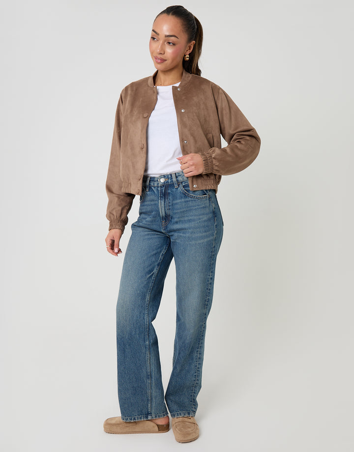 Taupe Faux Suede Bomber Jacket