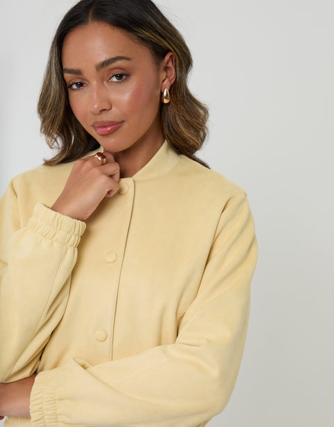 Threadbare Faux Suede Bomber Jacket in Yellow - front detail view closed