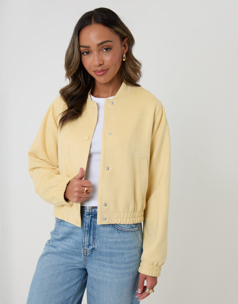 Threadbare Faux Suede Bomber Jacket in Yellow - front view