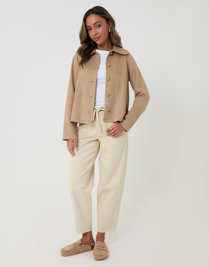 Beige Faux Suede Peter Pan Collar Cropped Jacket