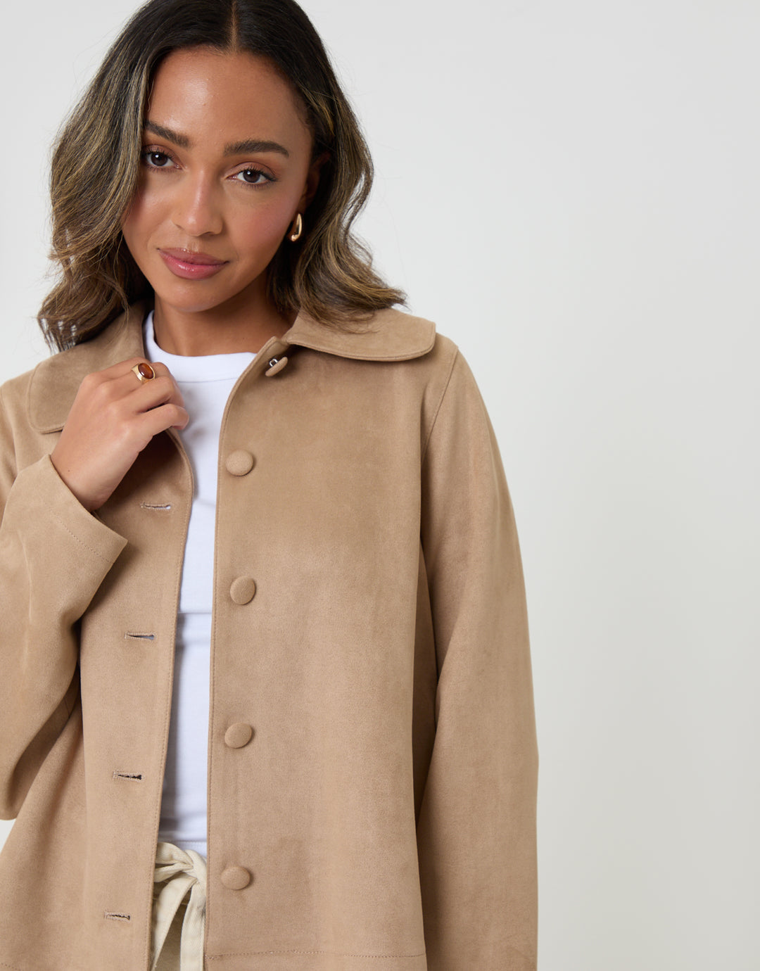 Beige Faux Suede Peter Pan Collar Cropped Jacket