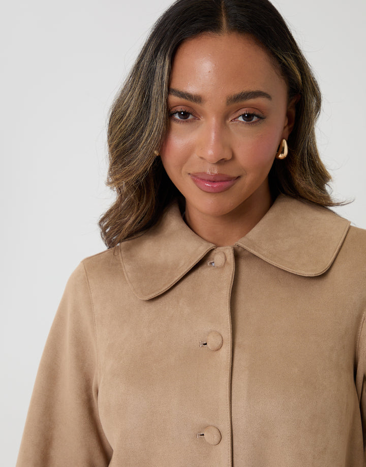 Beige Faux Suede Peter Pan Collar Cropped Jacket