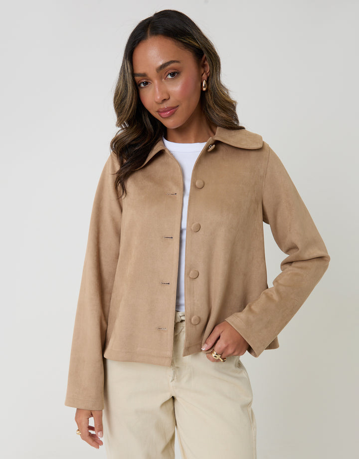 Beige Faux Suede Peter Pan Collar Cropped Jacket
