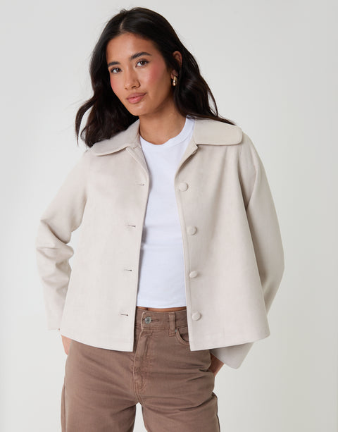 Threadbare Faux Suede Peter Pan Collar Cropped Jacket in Ecru - front view