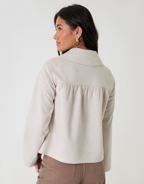 Threadbare Faux Suede Peter Pan Collar Cropped Jacket in Ecru - back view