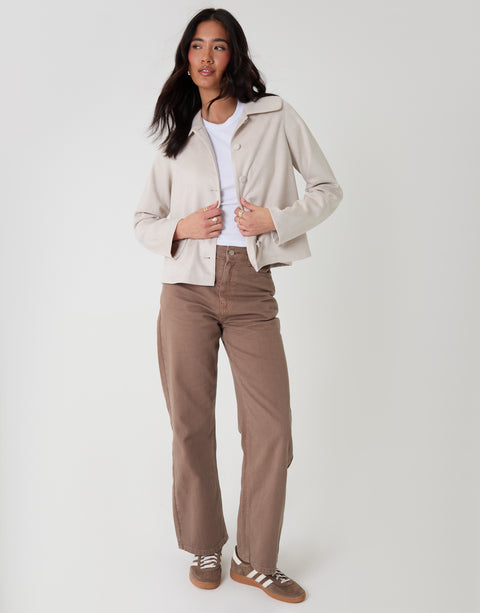 Threadbare Faux Suede Peter Pan Collar Cropped Jacket in Ecru - full body