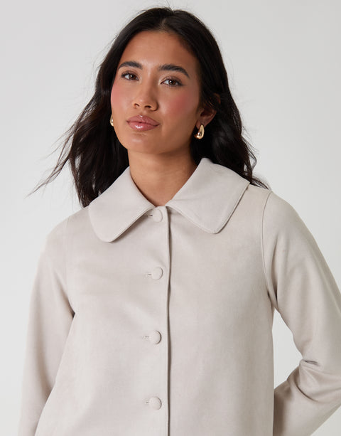 Threadbare Faux Suede Peter Pan Collar Cropped Jacket in Ecru - collar close up