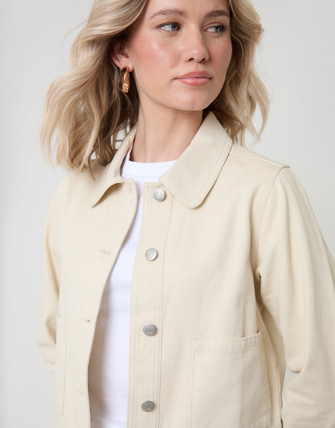 Threadbare Denim Jacket with Patch Pockets in Ecru - collar close up