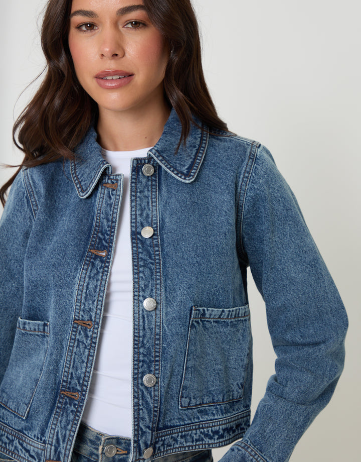 Mid Wash Denim Jacket with Patch Pockets