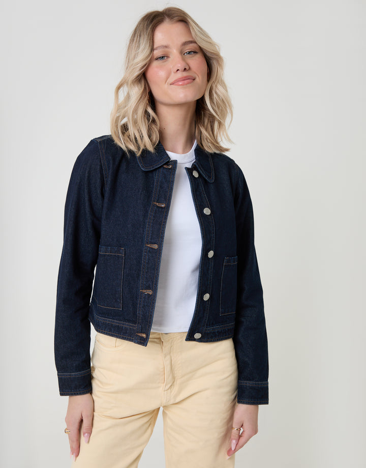 Threadbare Denim Jacket with Patch Pockets in Indigo - front view