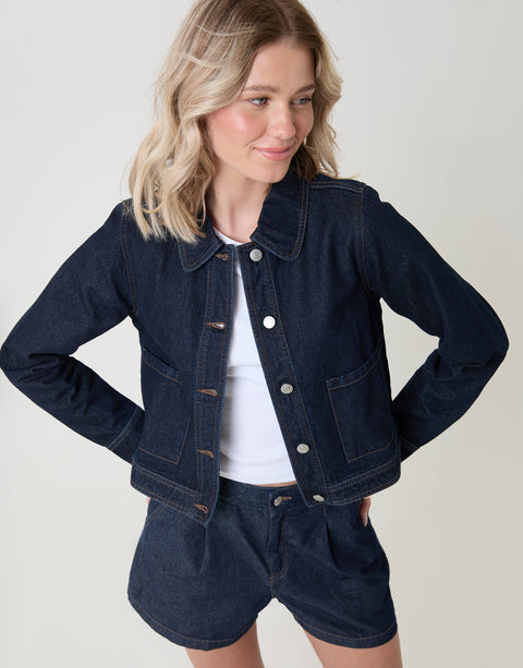 Threadbare Denim Jacket with Patch Pockets in Indigo - co-ord shot