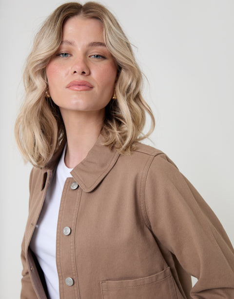 Threadbare Denim Jacket with Patch  Pockets in Mocha Brown - collar close up
