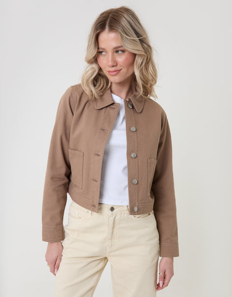 Threadbare Denim Jacket with Patch  Pockets in Mocha Brown - front view, standing