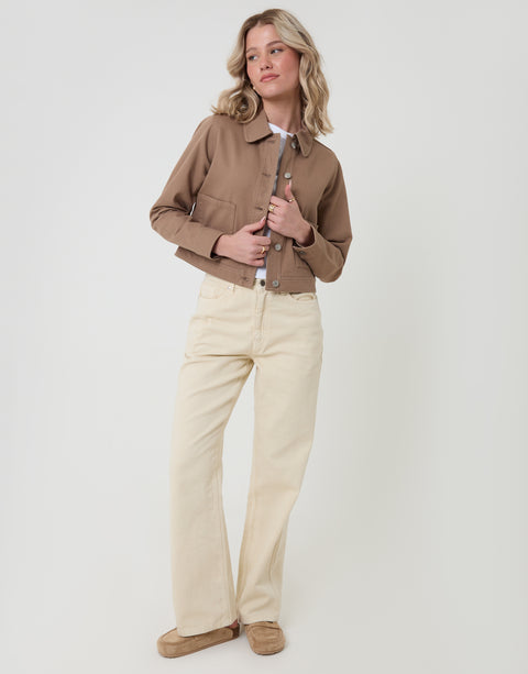 Threadbare Denim Jacket with Patch  Pockets in Mocha Brown - full body