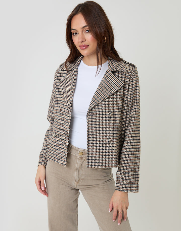 Brown Check Faux Wool Cropped Jacket