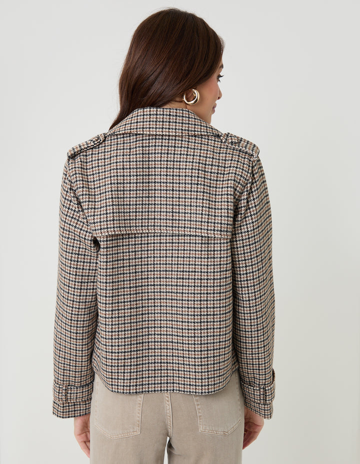 Brown Check Faux Wool Cropped Jacket