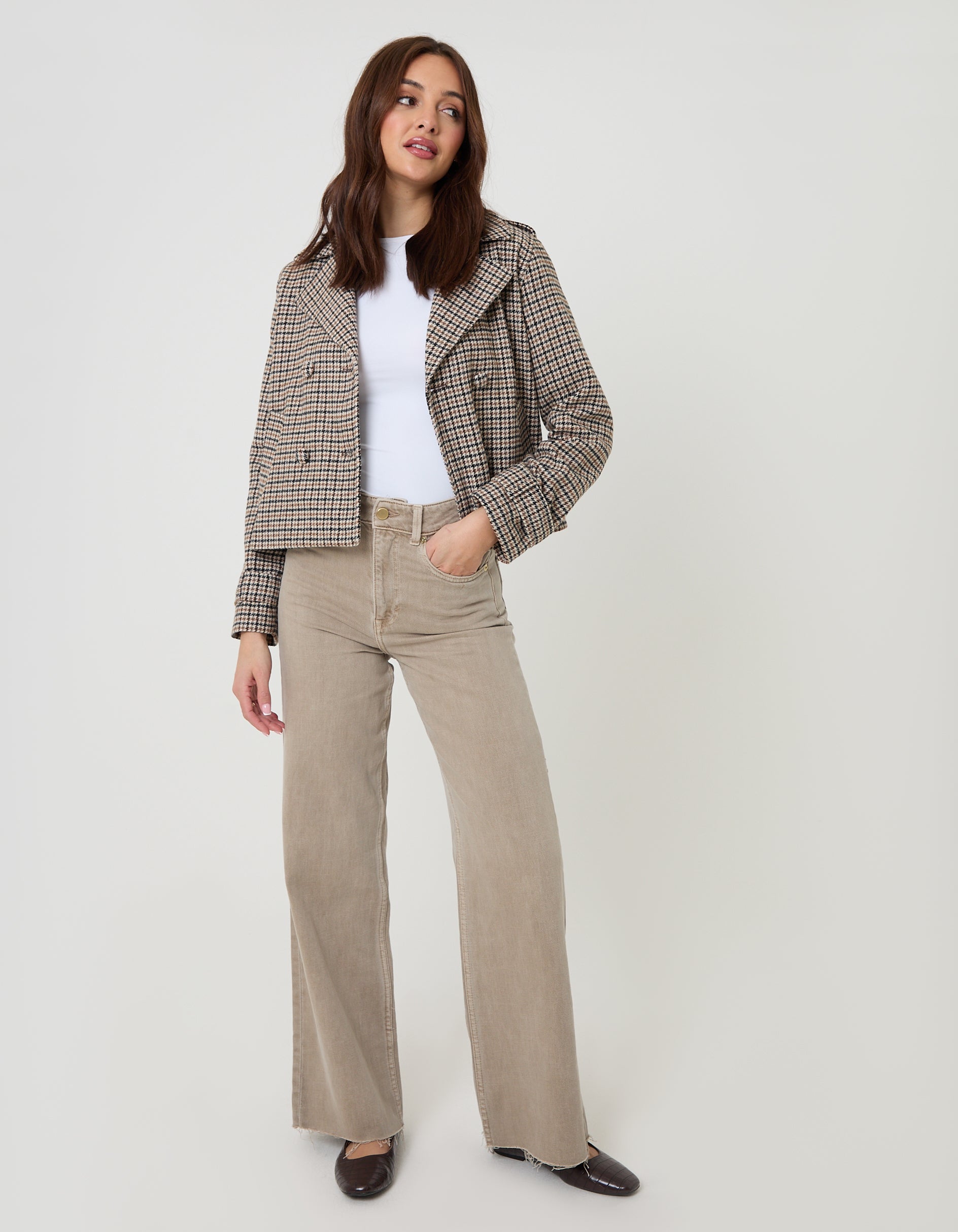 Threadbare Women's Brown Check Faux Wool Cropped Jacket