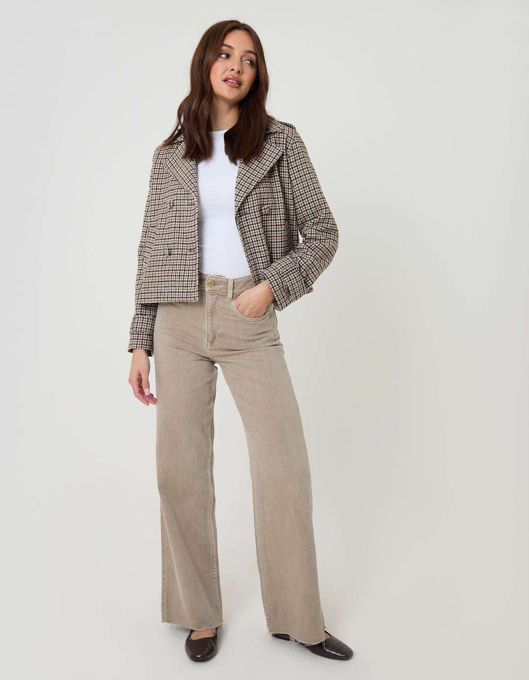 Brown Check Faux Wool Cropped Jacket